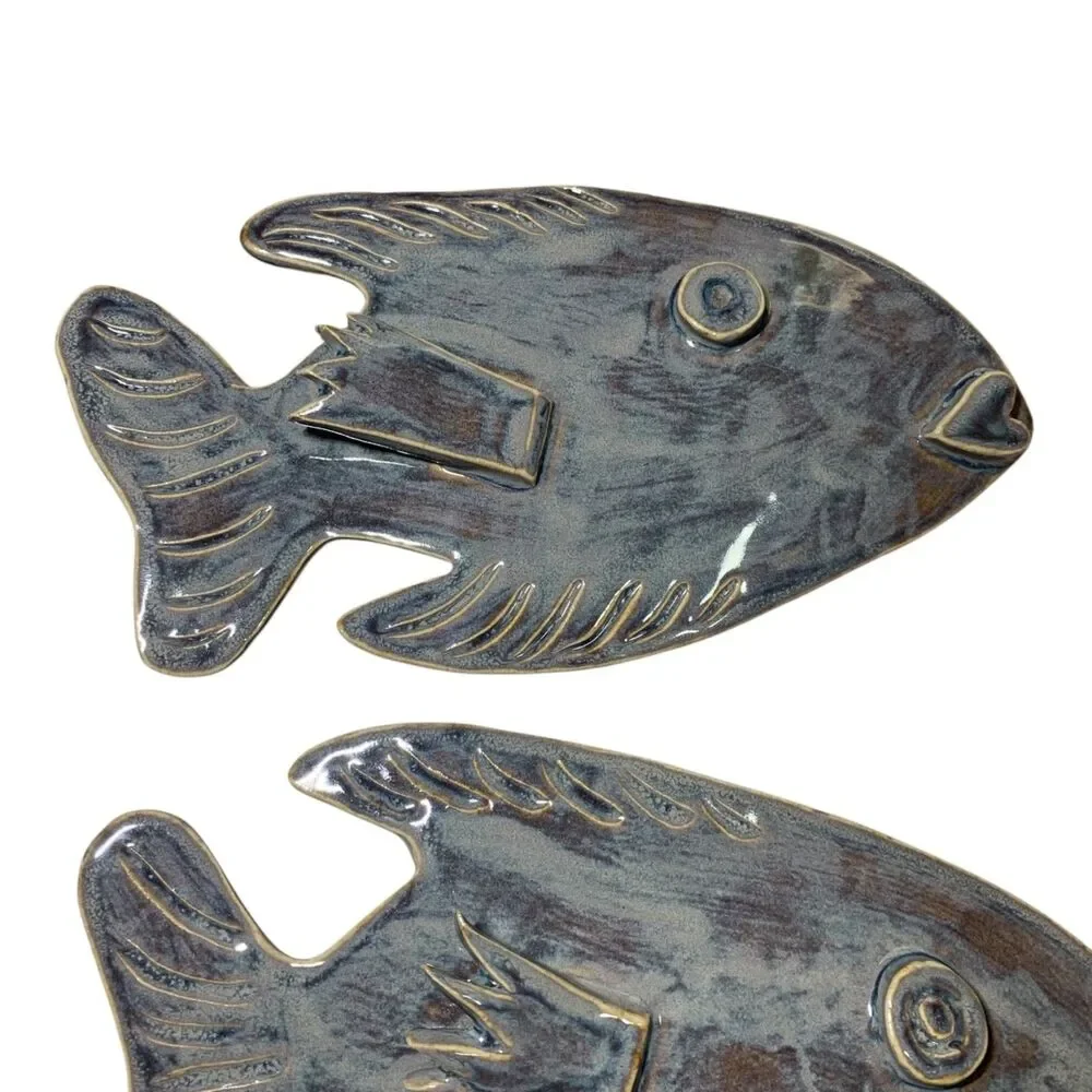 Coastal Studio Pottery Fish Wall Hanging Art Beach House Decor Ceramic Set of 2